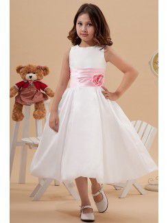 Taffeta Jewel Tea-Length Ball Gown Flower Girl Dress with Manual Flower