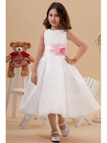 Taffeta Jewel Tea-Length Ball Gown Flower Girl Dress with Manual Flower