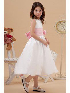 Taffeta Jewel Tea-Length Ball Gown Flower Girl Dress with Manual Flower