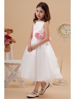 Taffeta Jewel Tea-Length Ball Gown Flower Girl Dress with Manual Flower