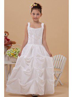 Taffeta Square Floor Length Ball Gown Flower Girl Dress with Embroidered