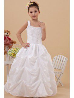 Taffeta Square Floor Length Ball Gown Flower Girl Dress with Embroidered