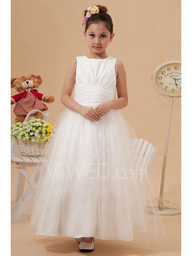 Taffeta and Organza Jewel Ankle-Length Ball Gown Flower Girl Dress with Bow