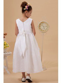 Taffeta Jewel Ankle-Length A-Line Flower Girl Dress with Hand-made Flower