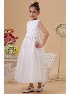 Taffeta Jewel Ankle-Length A-Line Flower Girl Dress with Hand-made Flower