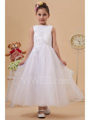 Tulle Jewel Ankle-Length A-Line Flower Girl Dress with Embroidered