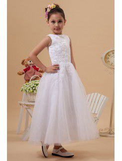 Tulle Jewel Ankle-Length A-Line Flower Girl Dress with Embroidered