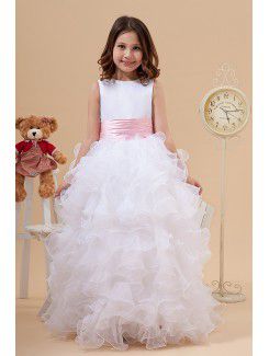 Satin and Organza Jewel Floor Length A-Line Flower Girl Dress with Bow