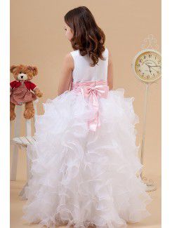 Satin and Organza Jewel Floor Length A-Line Flower Girl Dress with Bow