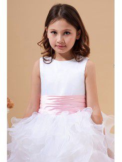 Satin and Organza Jewel Floor Length A-Line Flower Girl Dress with Bow