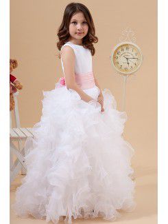 Satin and Organza Jewel Floor Length A-Line Flower Girl Dress with Bow