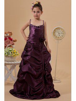 Taffeta Spaghetti Straps Sweep Train A-line Flower Girl Dress with Ruffle