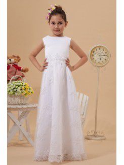 Satin and Lace Bateau Floor Length A-line Flower Girl Dress with Embroidered