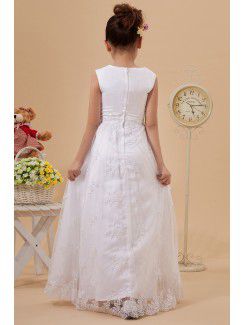 Satin and Lace Bateau Floor Length A-line Flower Girl Dress with Embroidered