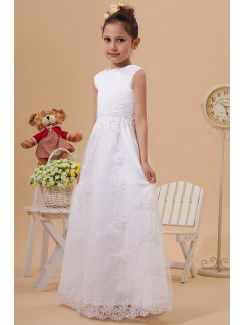 Satin and Lace Bateau Floor Length A-line Flower Girl Dress with Embroidered