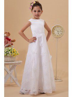 Satin and Lace Bateau Floor Length A-line Flower Girl Dress with Embroidered