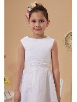 Satin and Lace Bateau Floor Length A-line Flower Girl Dress with Embroidered