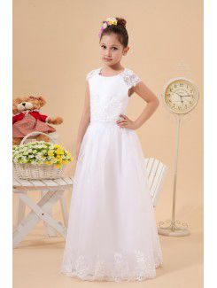 Satin and Organza Jewel Floor Length A-Line Flower Girl Dress with Embroidered