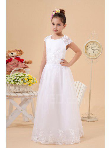 Satin and Organza Jewel Floor Length A-Line Flower Girl Dress with Embroidered