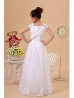 Satin and Organza Jewel Floor Length A-Line Flower Girl Dress with Embroidered