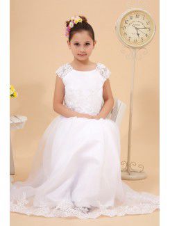 Satin and Organza Jewel Floor Length A-Line Flower Girl Dress with Embroidered