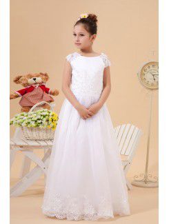 Satin and Organza Jewel Floor Length A-Line Flower Girl Dress with Embroidered