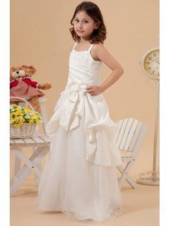 Satin and Tulle Straps Floor Length A-line Flower Girl Dress with Embroidered