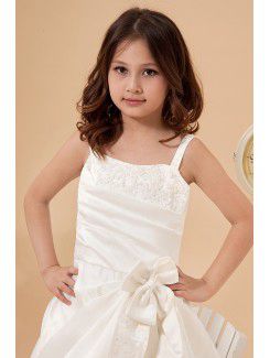 Satin and Tulle Straps Floor Length A-line Flower Girl Dress with Embroidered