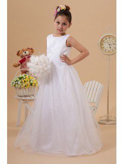 Satin and Tulle Jewel Floor Length A-Line Flower Girl Dress