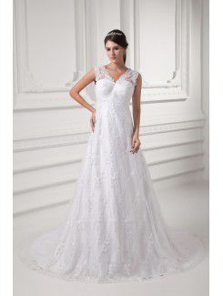 Lace V-Neckline A-line Sweep Train Wedding Dress