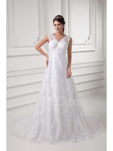Lace V-Neckline A-line Sweep Train Wedding Dress