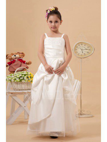 Satin Spaghetti Straps Ankle-Length A-Line Flower Girl Dress with Embroidered