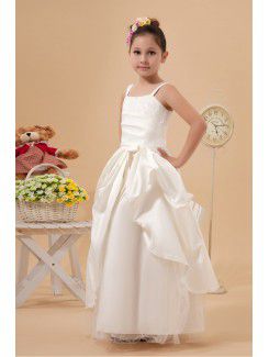 Satin Spaghetti Straps Ankle-Length A-Line Flower Girl Dress with Embroidered