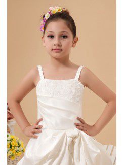 Satin Spaghetti Straps Ankle-Length A-Line Flower Girl Dress with Embroidered