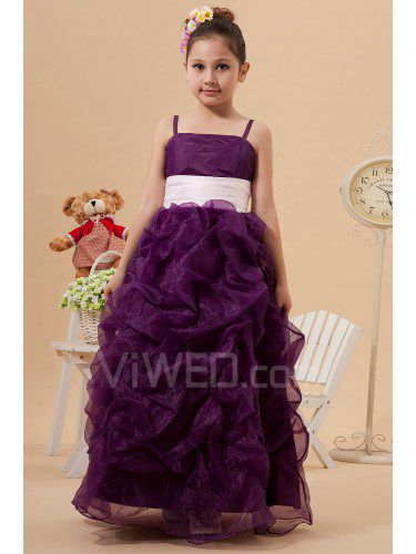 Satin organza spaghetti-trägern knöchellangen a-linie blumenmädchen kleid mit rüschen