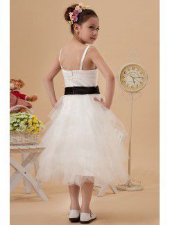 Satin and Mesh Straps Tea-Length A-line Flower Girl Dress with Hand-made Flower