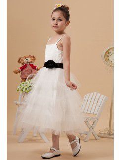 Satin and Mesh Straps Tea-Length A-line Flower Girl Dress with Hand-made Flower