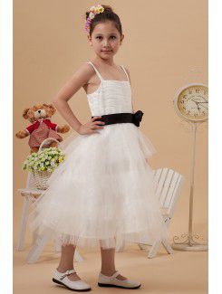 Satin and Mesh Straps Tea-Length A-line Flower Girl Dress with Hand-made Flower