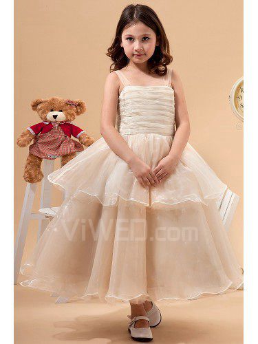 Tulle Straps Tea-Length A-line Flower Girl Dress with Bow