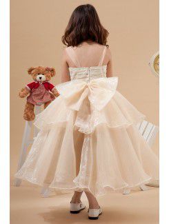 Tulle Straps Tea-Length A-line Flower Girl Dress with Bow