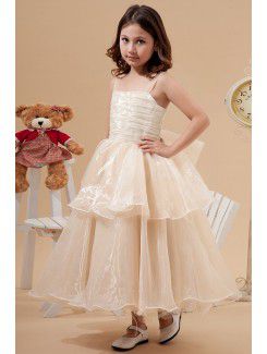 Tulle Straps Tea-Length A-line Flower Girl Dress with Bow