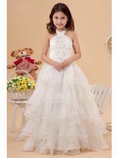 Cetim e organza halter até o chão flor uma linha vestido da menina com bordado e plissado