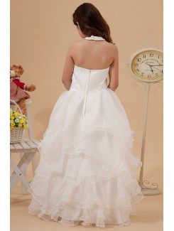 Satin and Organza Halter Floor Length A-Line Flower Girl Dress with Embroidered and Ruffle