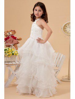 Satin and Organza Halter Floor Length A-Line Flower Girl Dress with Embroidered and Ruffle