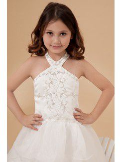 Satin and Organza Halter Floor Length A-Line Flower Girl Dress with Embroidered and Ruffle