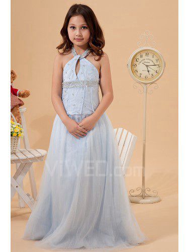 Tulle Halter Floor Length A-Line Flower Girl Dress with Sequins