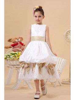 Satin and Lace Jewel Tea-Length A-Line Flower Girl Dress with Bow