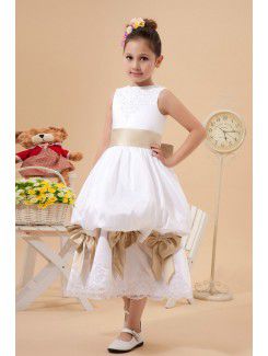 Satin and Lace Jewel Tea-Length A-Line Flower Girl Dress with Bow