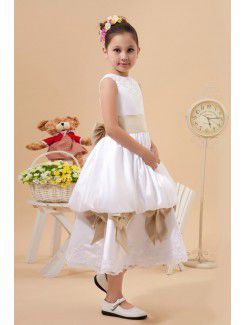 Satin and Lace Jewel Tea-Length A-Line Flower Girl Dress with Bow