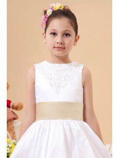 Satin and Lace Jewel Tea-Length A-Line Flower Girl Dress with Bow